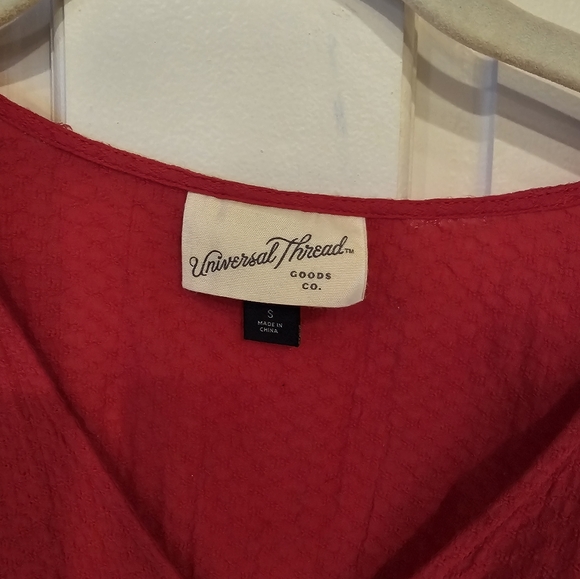 Red tie front button down shirt sleeve blouse top - Picture 2 of 3